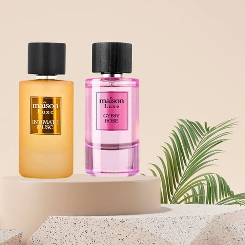 Bundle of two Hamidi Maison Luxe Eau de Parfum sprays featuring Intimate Musc and Gypsy Rose scents, 110ml each.