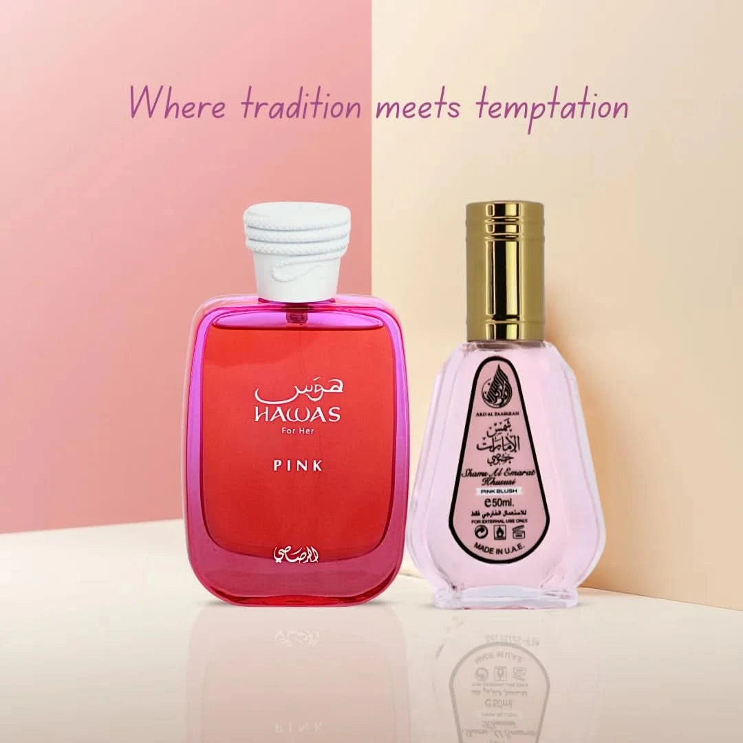 Intense Oud fragrance bundle featuring Hawas Pink Eau de Parfum Spray 100ml by Rasasi and Pink Blush Khususi Eau de Parfum 50ml by Ard Al Zaafaran.