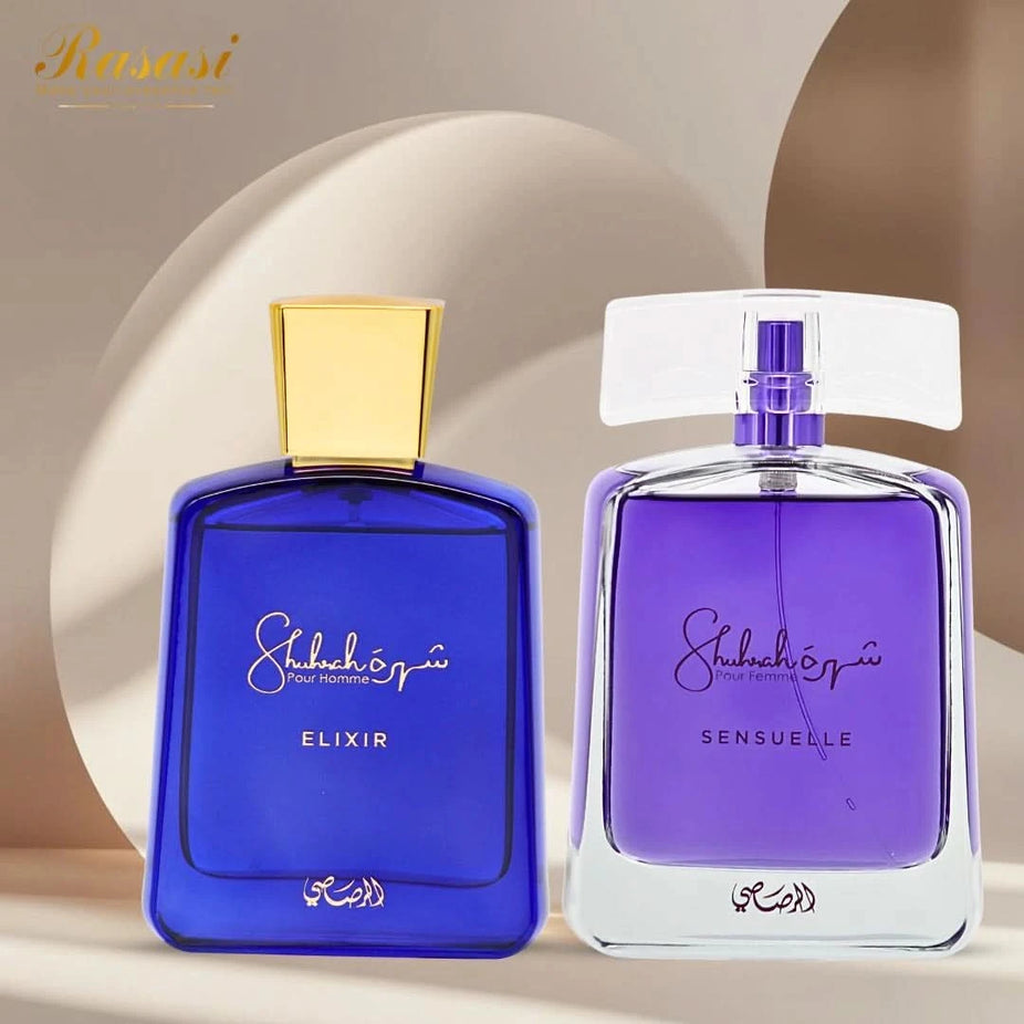 Rasasi Shuhrah Elixir Pour Homme and Shuhrah Sensuelle Pour Femme Eau de Parfum sprays, 90ml bundle with elegant bottles.