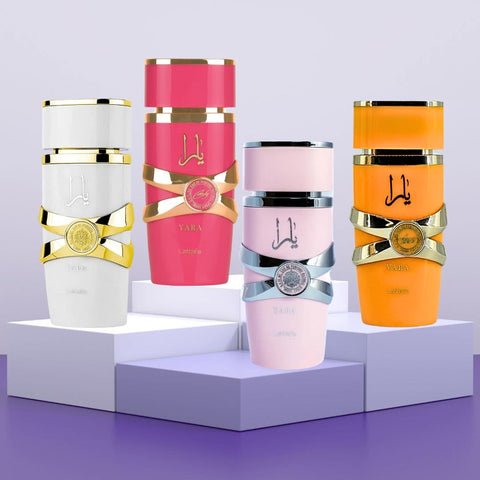 Lattafa Yara Eau de Parfum spray bundle featuring Yara Candy, Yara Moi, and Yara Tous, each 100ml bottles in a collection.