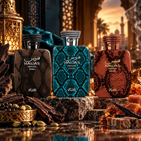 Hawas Private Terra, Luceo & Dulce Extrait De Parfum Spray 100ml (3.38 oz) by Rasasi (Bundle)