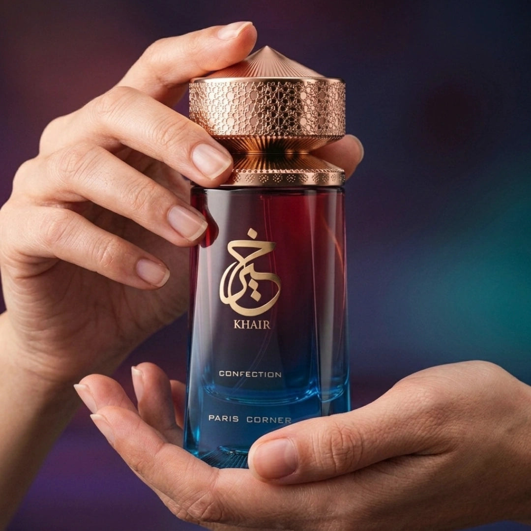 Paris Corner Khair Confection Eau de Parfum spray bottle, 100ml, with elegant packaging and fragrance details visible.