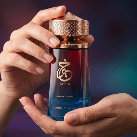 Paris Corner Khair Confection Eau de Parfum spray bottle, 100ml, with elegant packaging and fragrance details visible.