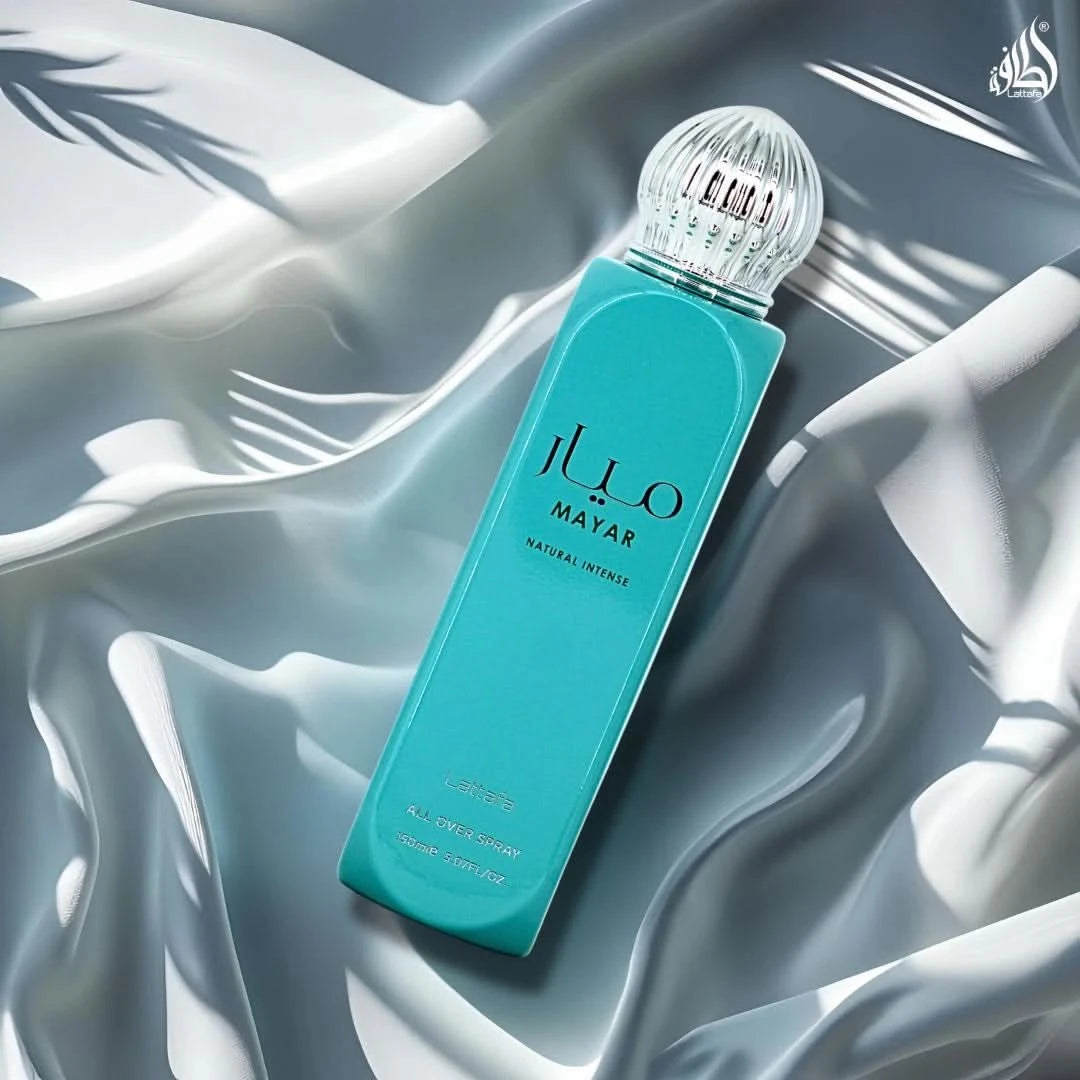 Lattafa Mayar Natural Intense Eau de Parfum and All Over Spray bundle, 100ml and 150ml bottles, featuring floral and warm notes.