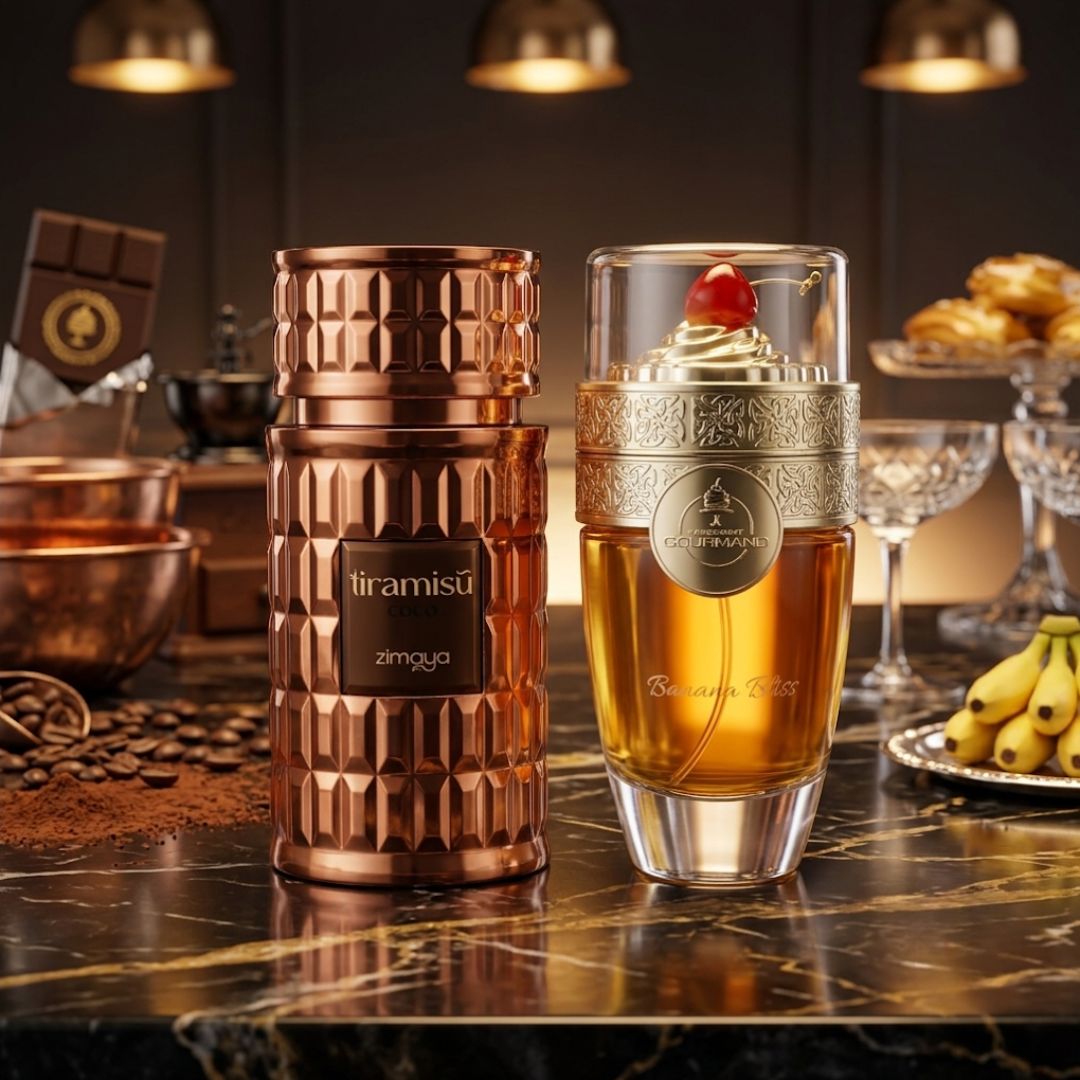 Bundle of Paris Corner Banana Bliss and Zimaya Tiramisu Coco Eau de Parfum sprays in 100ml bottles, featuring fruity and dessert-inspired scents.