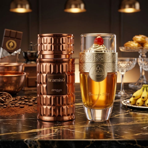Bundle of Paris Corner Banana Bliss and Zimaya Tiramisu Coco Eau de Parfum sprays in 100ml bottles, featuring fruity and dessert-inspired scents.