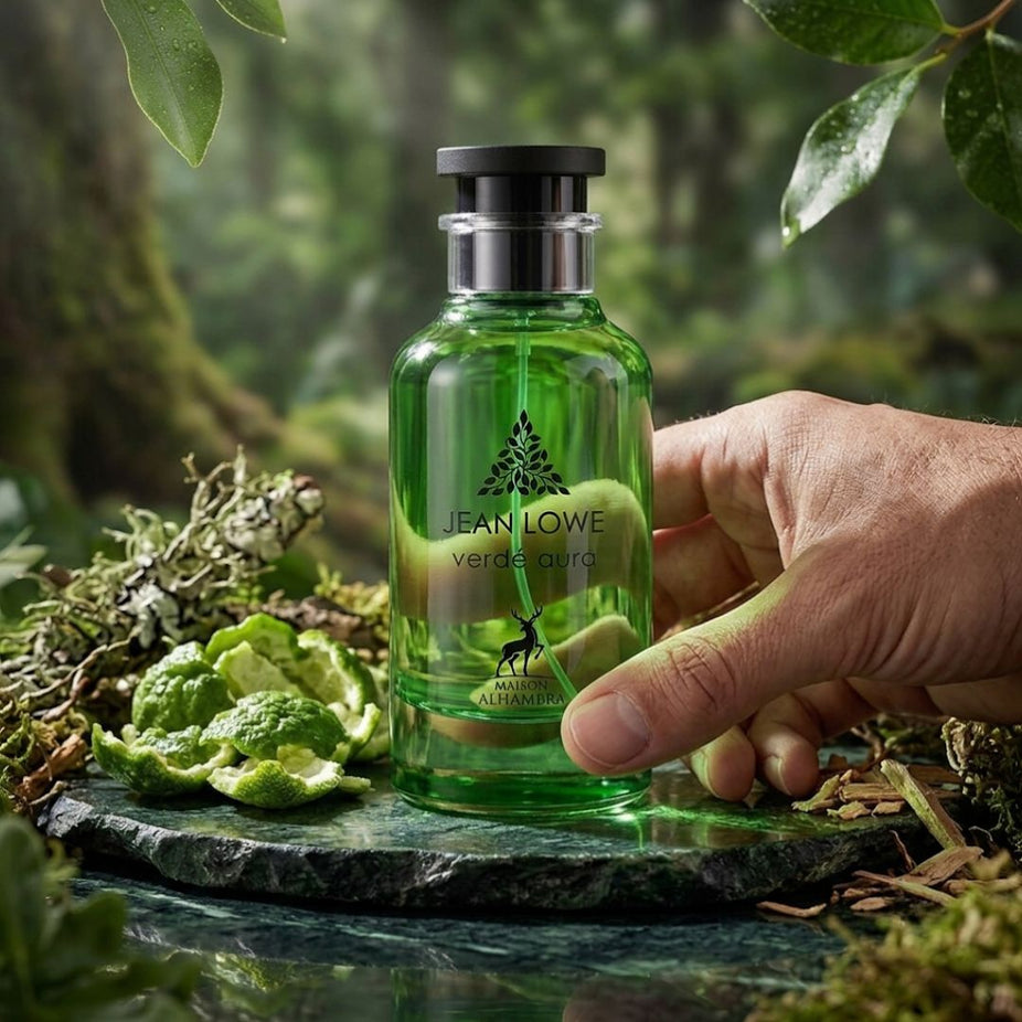 Maison Alhambra Jean Lowe Verde Aura Eau de Parfum spray 100ml bottle with green and gold packaging.