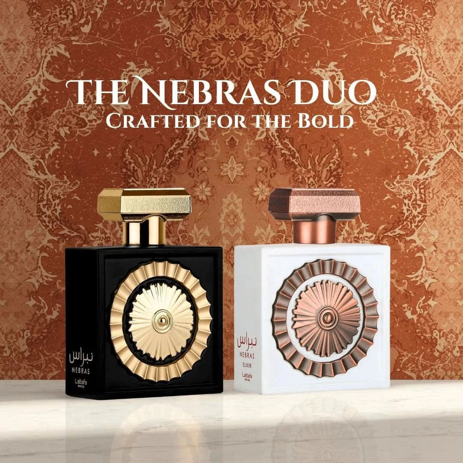 Lattafa Nebras Elixir and Nebras Eau de Parfum sprays in a 100ml bundle, featuring elegant bottles with gold accents and floral designs.