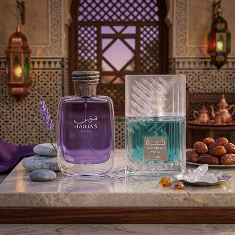 Hawas for Men by Rasasi & Khamrah Waha by Lattafa Eau de Parfum Sprays 100ml (3.4 oz) (Bundle)