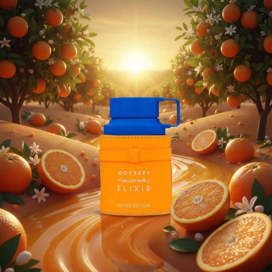 Odyssey Mandarin Sky Elixir Eau de Parfum spray by Armaf, 100ml, featuring a sleek bottle with a vibrant orange and gold design.