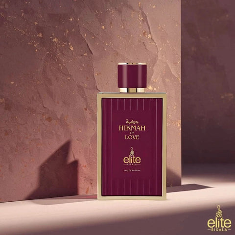 Hikmah Of Love Eau de Parfum spray by Elite Risala, 100ml, featuring a sleek bottle with elegant design and fragrance details.
