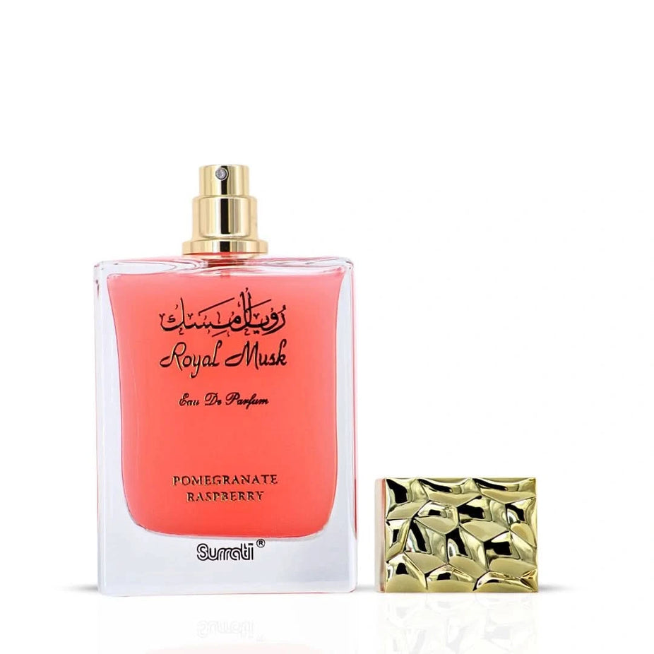 Surrati Royal Musk Pomegranate Raspberry Eau de Parfum spray 100ml with elegant bottle design and floral fruit accents.