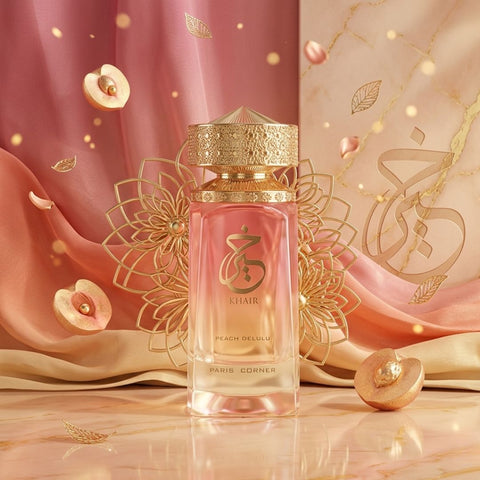 Khair Peach Delulu Eau de Parfum Spray by Paris Corner, 100ml bottle, with a peach-scented fragrance and elegant packaging.