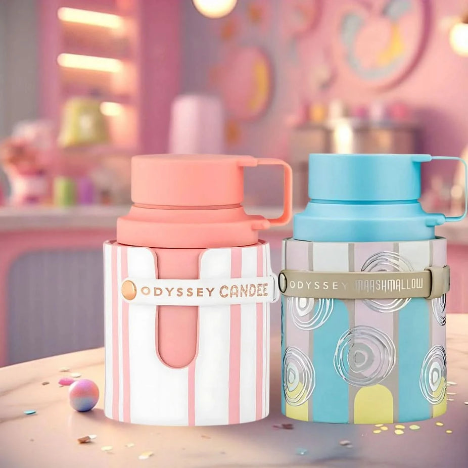 Bundle of two Odyssey Candee and Marshmallow Eau de Parfum sprays by Armaf, 100ml bottles, featuring floral and sweet scent profiles.