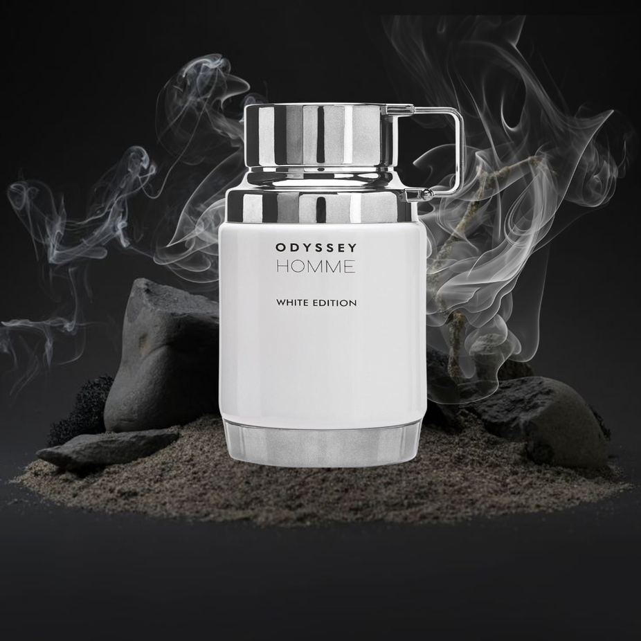 Odyssey Homme White Edition Eau de Parfum spray by Armaf in a 200ml bottle, featuring sleek white packaging and elegant design.