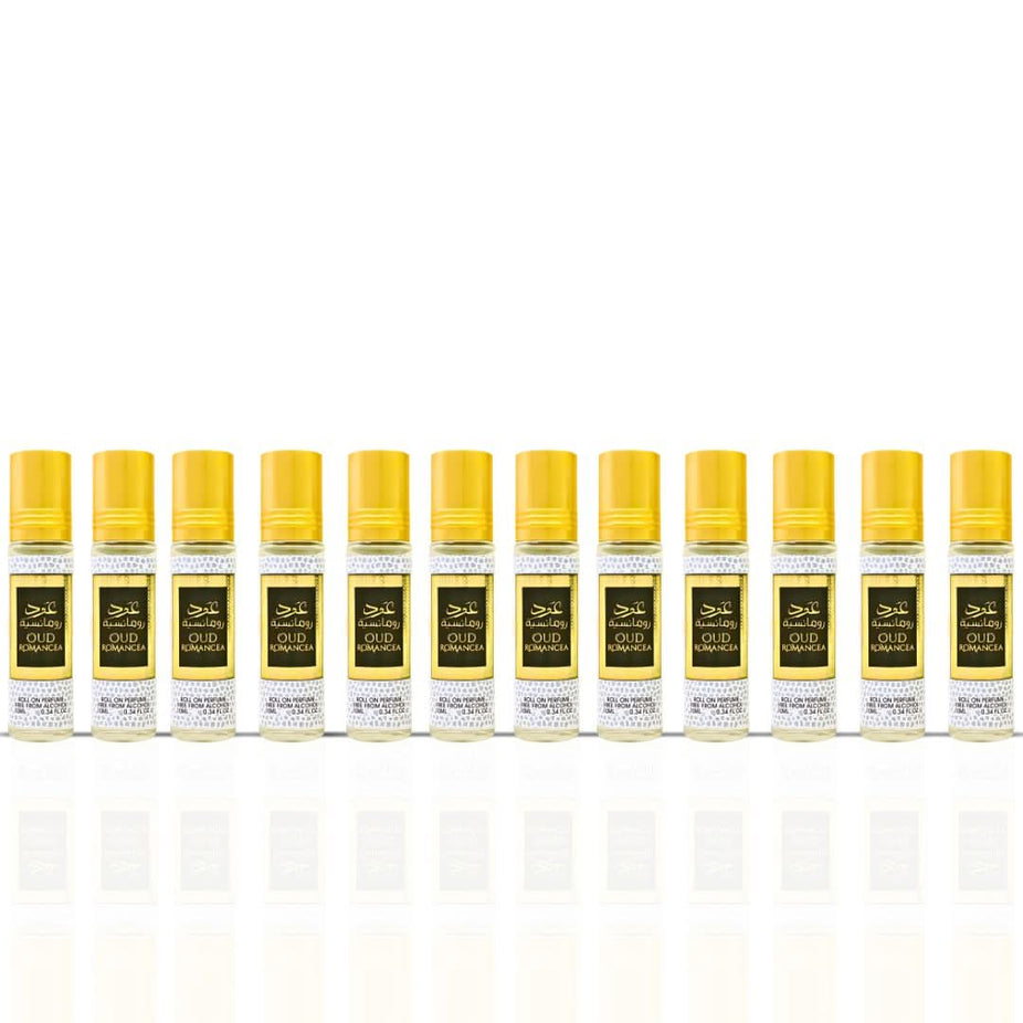 Set of 12 Ard Al Zaafaran Oud Romancea CPO perfume roll-on oils in 10ml bottles, long-lasting fragrance for men and women.