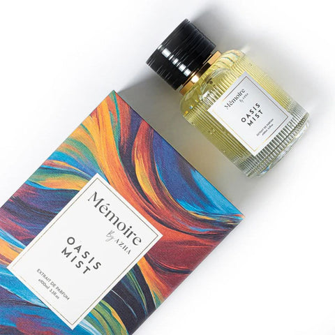 AZHA Oasis Mist Extrait de Parfum Spray 100ml bottle from Memoire Collection, elegant perfume packaging with a sleek design.