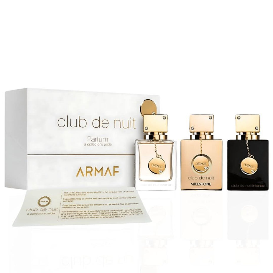 Armaf 3-piece Club De Nuit Women Collector's Pride Eau De Parfum gift set with three 30ml miniature sprays, luxurious fragrance collection.