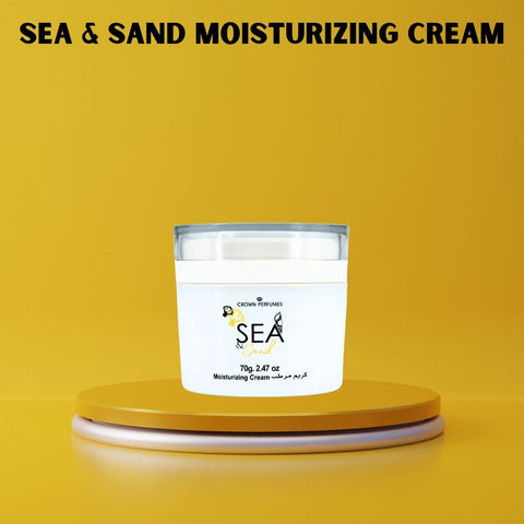Sea & Sand Moisturizing Body Cream by Al Rehab, 70g, in a white jar with a blue and beige label, showing the product name.