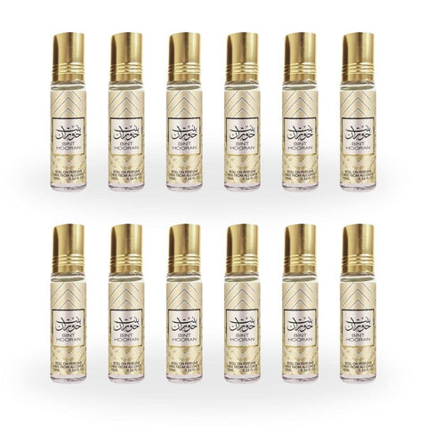 Six bottles of Ard Al Zaafaran Bint Hooran Roll-On Perfume Oil in a 10ml pack, with white caps and clear glass bottles.