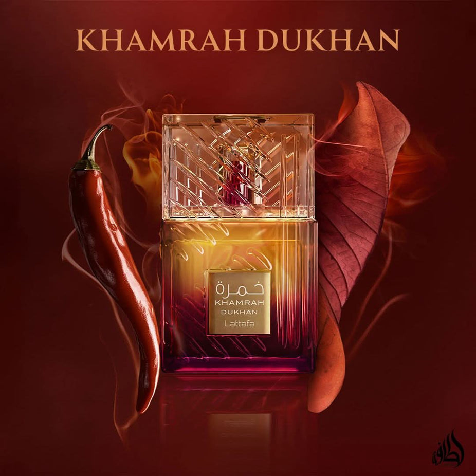 Lattafa Khamrah Dukhan Eau de Parfum spray bottle, 100ml, featuring a sleek design and elegant packaging.