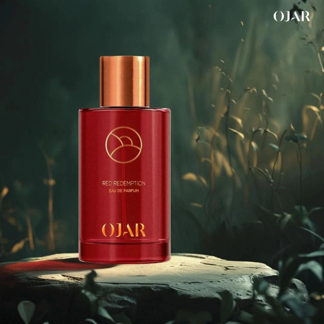 Red Redemption Eau de Parfum spray by Ojar, 100ml bottle, featuring sleek red packaging and elegant fragrance design.