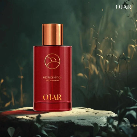 Red Redemption Eau de Parfum spray by Ojar, 100ml bottle, featuring sleek red packaging and elegant fragrance design.