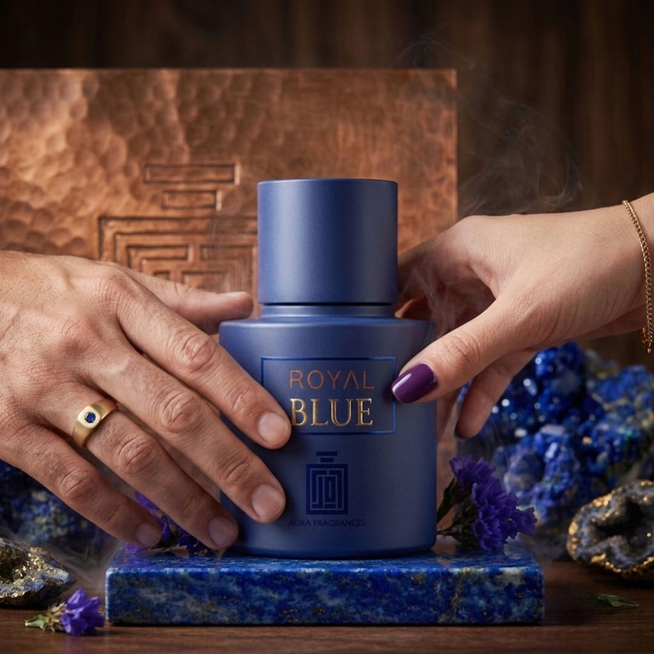 Royal blue Aura by Aura Eau de Parfum spray bottle, 100ml, with sleek design and elegant packaging.