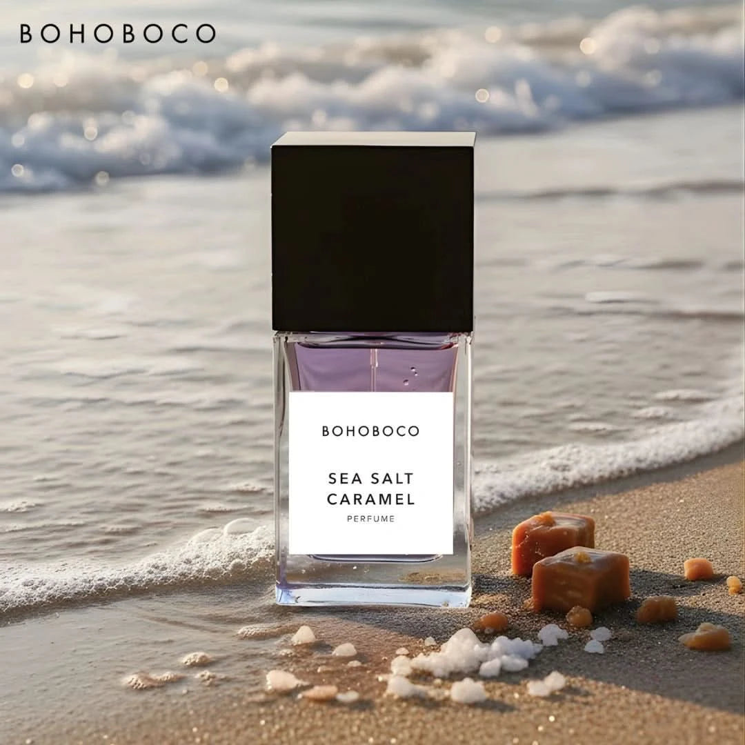 Bohoboco Sea Salt Caramel Eau de Parfum spray 50ml, elegant glass bottle with caramel and sea salt accents.