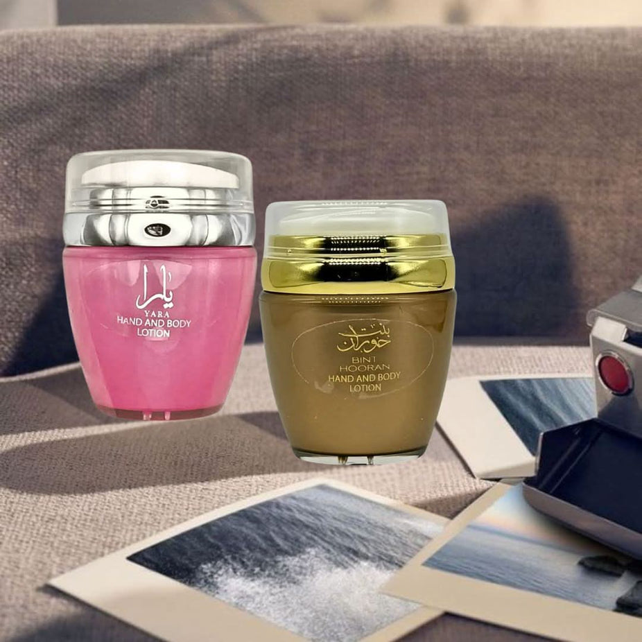 Bundle of Ard Al Zaafaran Yara & Bint Hooran hand and body lotions, featuring two 45ml bottles with elegant packaging.