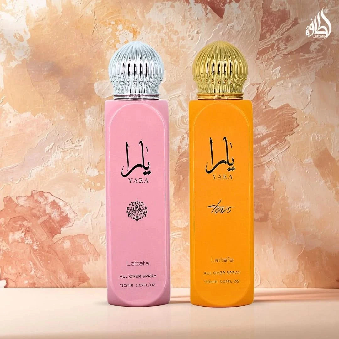 Lattafa Yara & Yara Tous All Over Sprays bundle, 150ml each, featuring two floral-scented body sprays in a compact set.