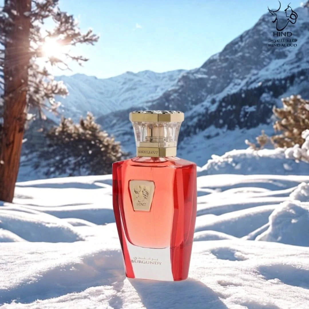 Burgundy Eau de Parfum spray by Hind Al Oud, 50ml bottle with elegant design, showcasing the luxurious fragrance packaging.