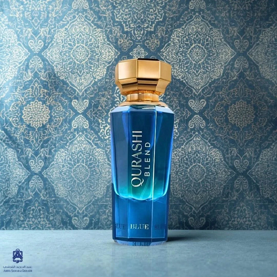 Al Qurashi Blend Blue Eau de Parfum spray bottle by ASQ, 90ml, showcasing the elegant blue perfume bottle and packaging.