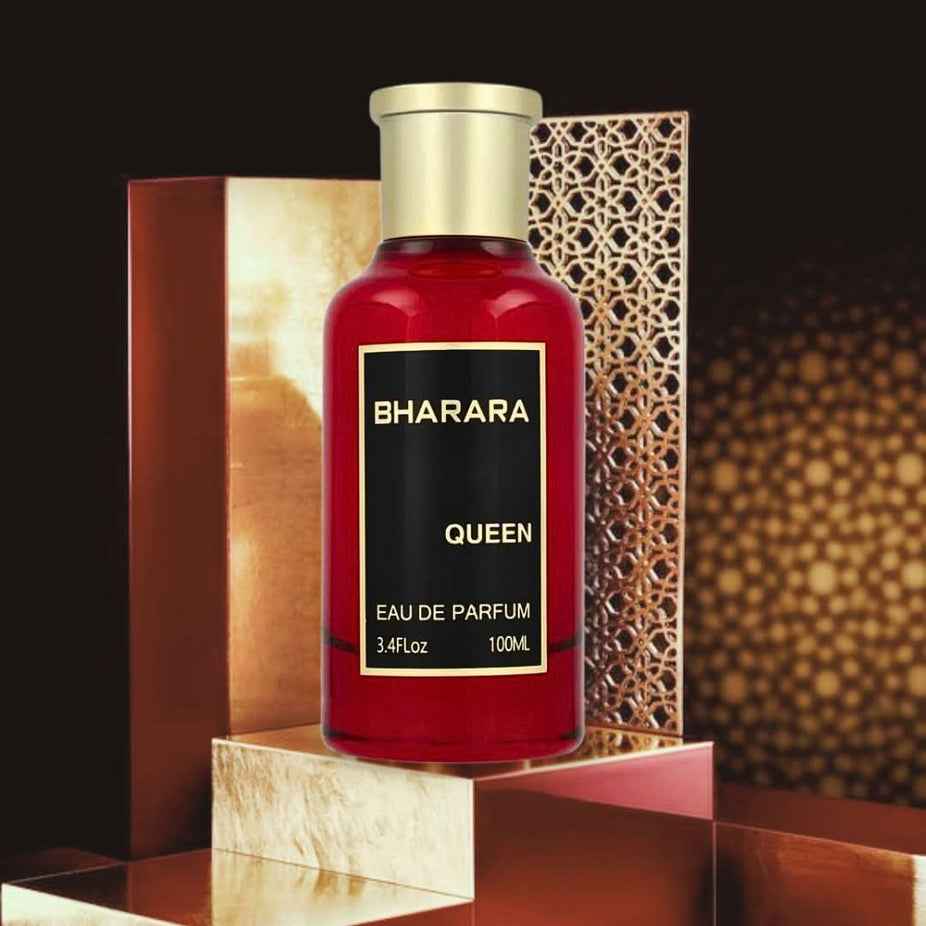 Bharara Queen Eau de Parfum spray bottle, 100ml, with elegant packaging and fragrance details visible.