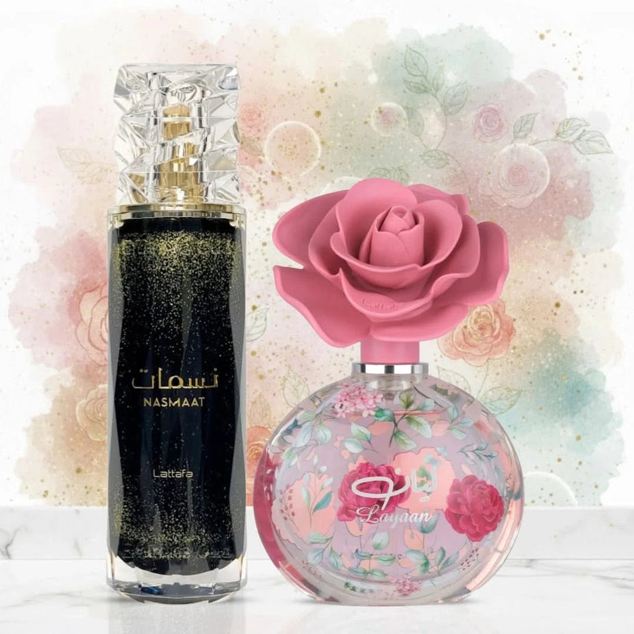 Lattafa Nasmaat 100ml and Layaan 75ml Eau de Parfum sprays in a bundle, showcasing the perfume bottles with elegant designs.