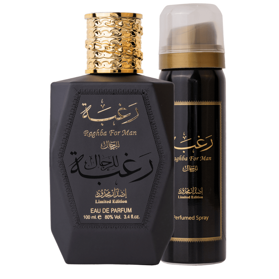 Lattafa Raghba for Men Eau de Parfum spray 100ml with deodorant, featuring a sleek bottle and luxurious fragrance design.