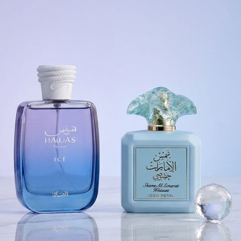Hawas Ice for Men by Rasasi & Shams Al Emarat Khususi Iced Petal by Ard Al Zaafaran Eau de Parfum Sprays 100ml (3.4 oz) (Bundle)