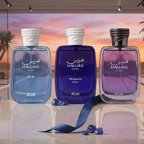 Rasasi Hawas Sapphire, Hawas Men & Hawas Ice Eau de Parfum Sprays 100ml (3.4 oz) by Rasasi (Bundle)