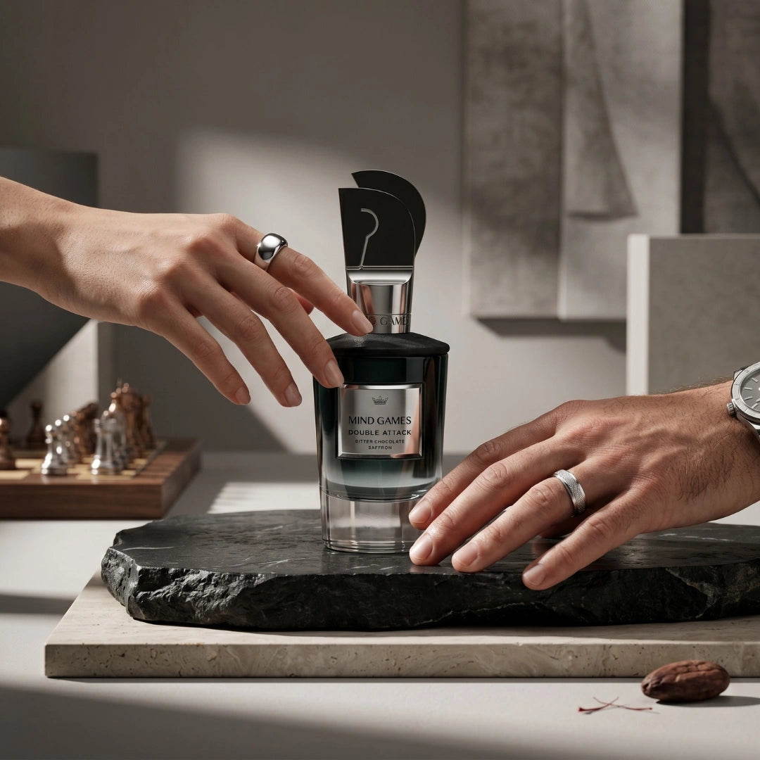 Mind Games Double Attack Extrait de Parfum 100ml EDP bottle with sleek black packaging and elegant design.