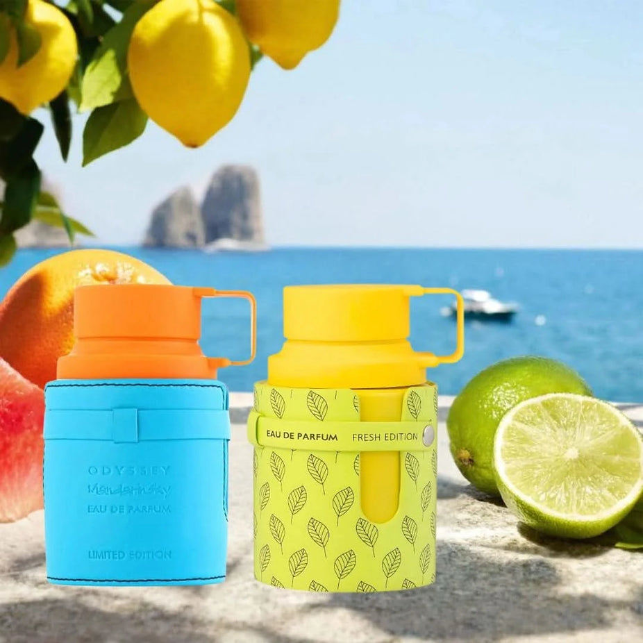 Odyssey Mandarin Sky and Limoni Eau de Parfum sprays by Armaf, 100ml bundle, featuring sleek bottles with vibrant labels.