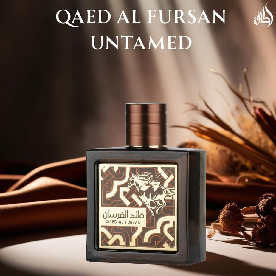 Qaed Al Fursan Untamed Eau de Parfum spray by Lattafa in 90ml, featuring a sleek bottle design and elegant fragrance presentation.