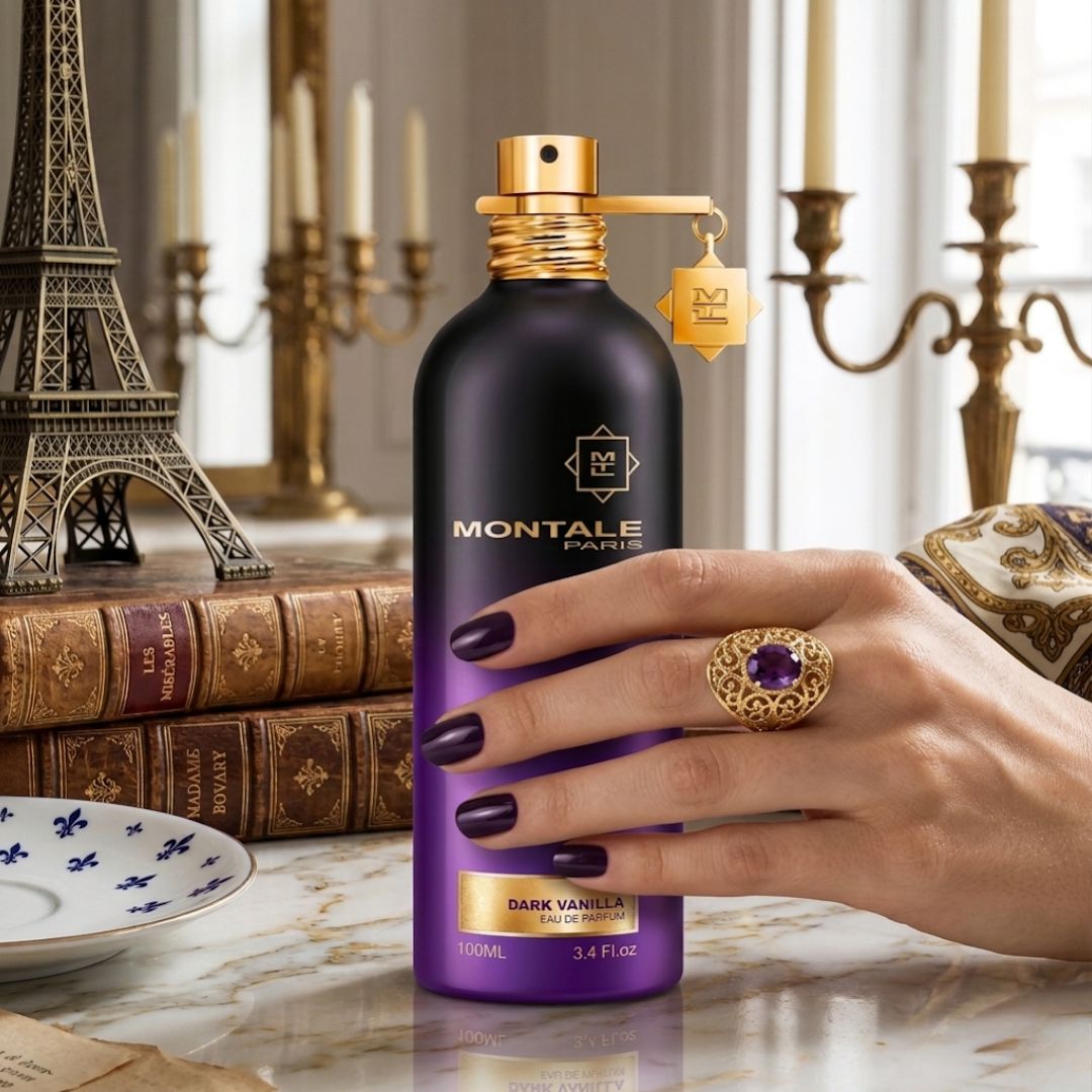 Montale Dark Vanilla Eau de Parfum spray bottle, 100ml, featuring a sleek design for this luxurious vanilla-scented EDP.