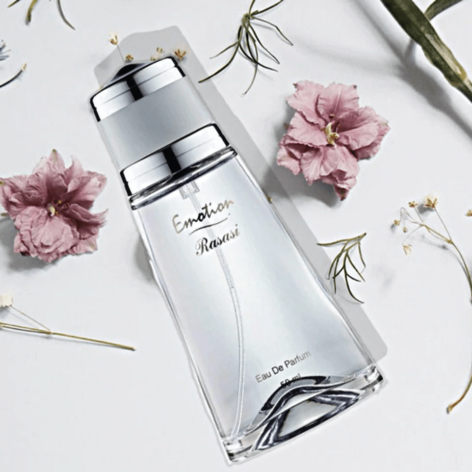 Rasasi Emotion EDP couple set with 100ml bottles for men and women, featuring elegant perfume bottles in a stylish bundle.