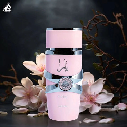 Lattafa Yara Eau de Parfum spray 100ml and all-over spray 150ml in a bundle, featuring elegant bottles and floral fragrance design.