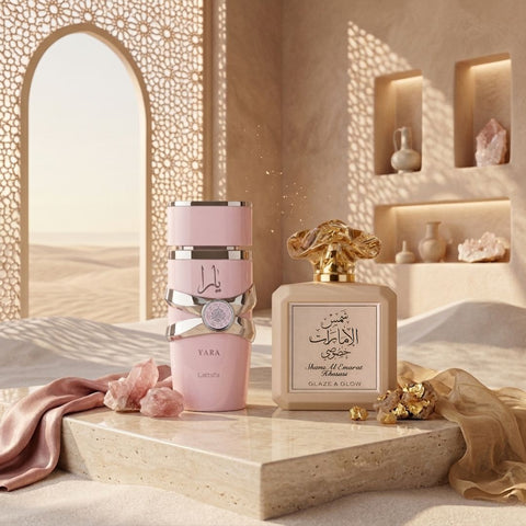 Yara Eau de Parfum Spray 100ml (3.4 oz) by Lattafa & Shams Al Emarat Khususi Glaze & Glow Eau de Parfum Spray 100ml (3.4 oz) by Ard Al Zaafaran (Bundle)