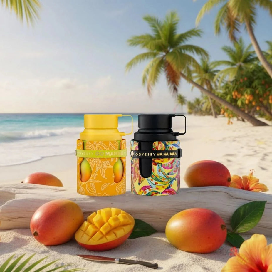 Armaf Odyssey Go Mango & Ba Ha Mas Eau de Parfum bundle with two 100ml spray bottles, showcasing the sleek packaging and labels.