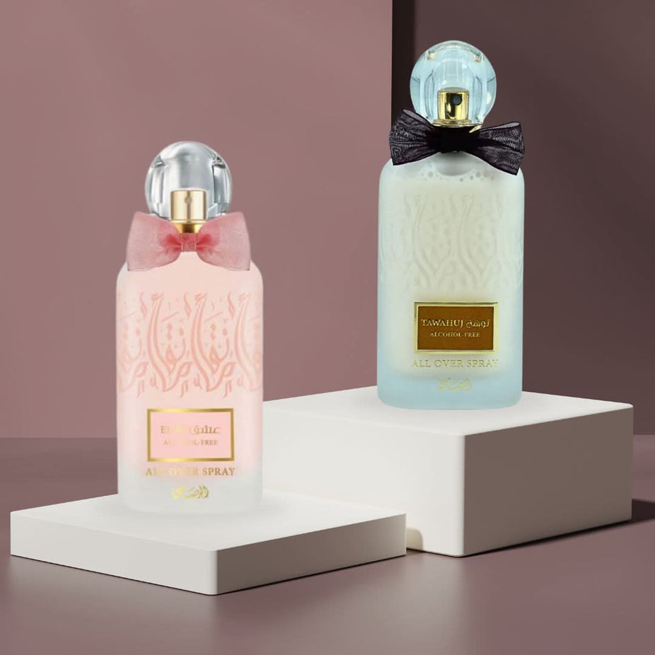 Bundle of Rasasi Tawahuj and Eshq alcohol-free Eau de Parfum sprays, 100ml each, featuring sleek bottles with elegant designs.