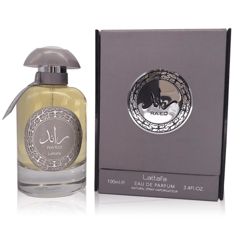 Ra'ed Silver Eau De Parfum spray by Lattafa, 100ML, showing the sleek silver bottle and cap of this luxurious fragrance.
