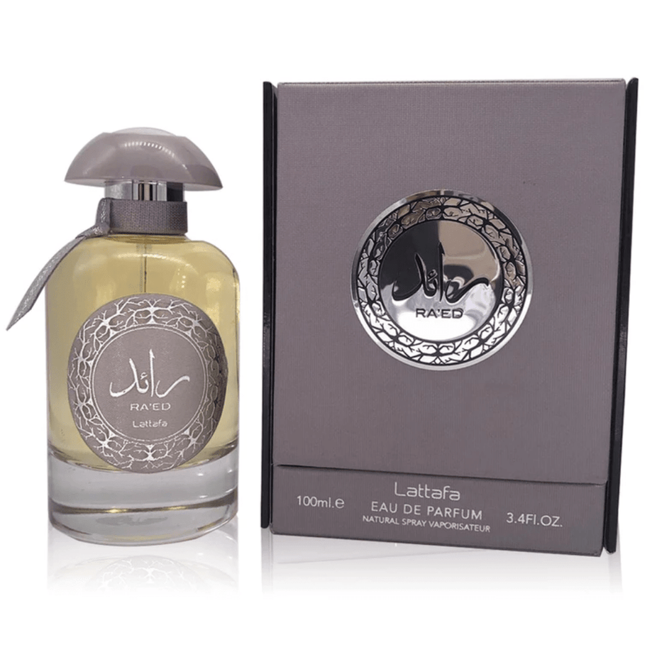 Ra'ed Silver Eau De Parfum spray by Lattafa, 100ML, featuring the elegant silver bottle and sleek design.