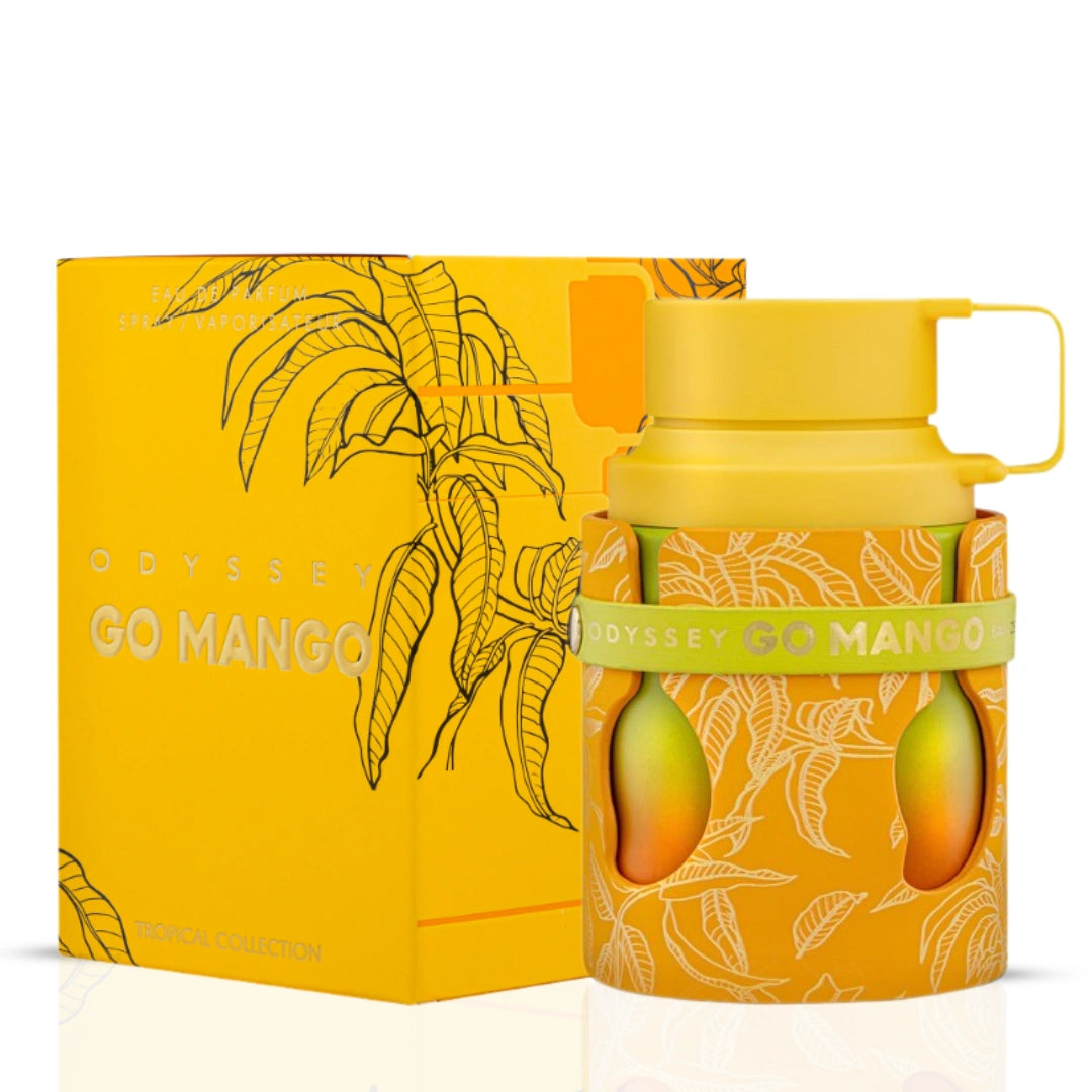 Collection of six 100ml Mango fragrance sprays including Odyssey Go Mango, Bubbliz Mango Pop, Yara Tous, Mango Musk, and Aura Manga Splash.